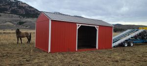 Old Hickory Animal Shelter shed for horses and livestock, durable portable farm shelter with metal roof delivered to ranch