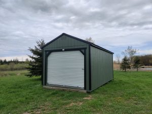 Old Hickory Utility Shed with Garage package with black metal roof and roll-up door, portable outdoor storage shed
