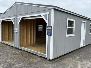 Old Hickory Double Wide Utility Shed with large roll-up doors, built storage building for tools, equipment, or workshop space