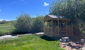 Old Hickory Cabana by stream, backyard pavilion for shade, relaxing outdoor living and entertaining on grassy property