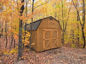Old Hickory Lofted Barn with T1-11 Siding, metal roof and double barn doors, portable backyard storage building in autumn forest
