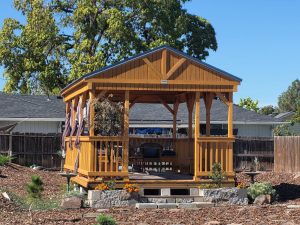 Old Hickory Cabana backyard pavilion with wood railing, durable outdoor living structure for shade, entertaining, and patios