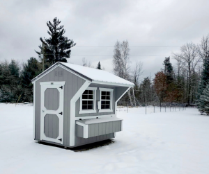 Old Hickory Chicken Coop with nesting box and metal roof in snowy backyard setting, durable backyard poultry coop